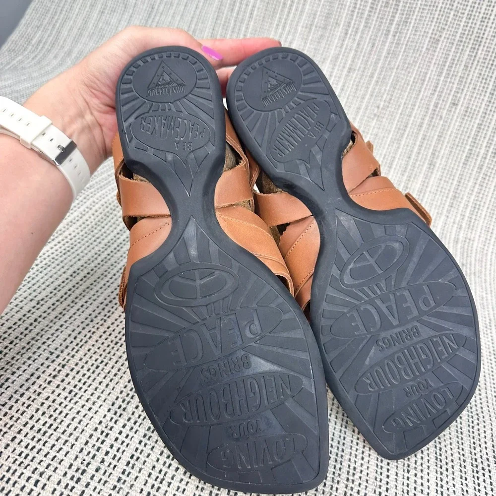 John Fluevog Peacemakers Sandals Men Size 10 Brown Leather Triple Buckle Cork